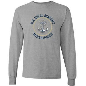 US Naval Academy Midshipmen Distressed Circle Logo Long Sleeve Shirt -Sport Grey - Picture 1 of 6