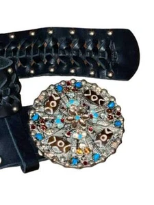 Cinturón de cuero negro tejido turquesa con joyas Leatherock vintage EE. UU. y hebilla de metal - Imagen 1 de 9