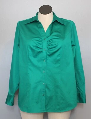 Lane Bryant 16 Button Up Blouse Long Sleeve V-Neck Cotton Emerald Green NEW NWT - Image 1 of 4