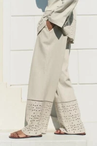 Zara Sand Linen Blend High Waist Wide Leg Trousers Cutwork Embroidery S Bloggers - Picture 1 of 11