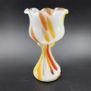Art Glass Hand Blow Confetti Splatter Vase Candle Holder Tulip Shaped 6 3/8" H - Picture 1 of 13