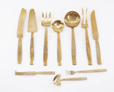10 Pc GOLD BRONZE S THAiLAND PiE KNiFE FORK SPOON BRONZEWARE HOSTESS SERViNG SET - Image 1 of 4