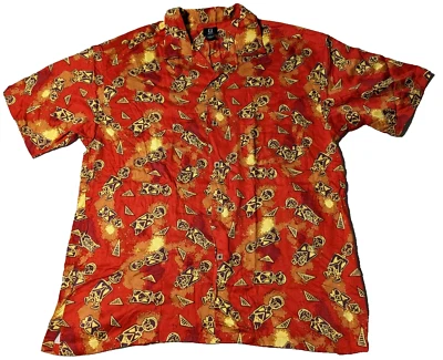 VTG GUESS JEANS TIKI IDOLS AOP Men Large Rayon Red Orange Yellow Hawaiian Shirt - Image 1 of 4