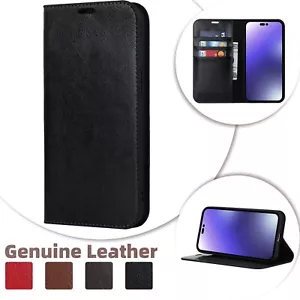 Funda tipo billetera con soporte de cuero genuino para iPhone 16 15 14 Plus 13 12 11 Pro Max 16e - Imagen 1 de 48