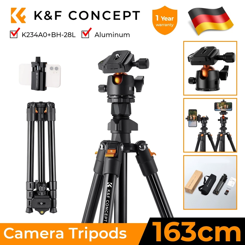 K&F Concept 163cm Camera Tripod Travel Tripod for Smartphone Video 17.6lb/8kg Load - Image 1 of 4