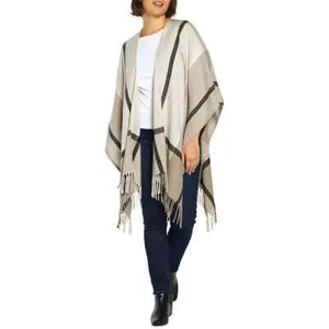 Three Dots Poncho Wrap One Size Neutral Miranda Plaid Cashmere Blend Fringe NEW - Picture 1 of 11