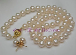 Genuine 7-8mm white Akoya Pearl Necklace 18'' Gold Plated Clasp earrings set - Picture 1 of 4