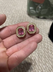 Vintage S.A.L Signed Pink Crystal Gold Tone Pendant Earrings - Picture 1 of 3