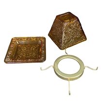 Vtg Amber Fairy Lamp Rustic Villa Candle Shade Tray Stand PartyLite Embossed
