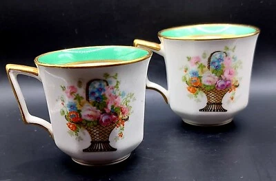 Antiguo~ Johnson Brothers~ 2- tazas Demitasse~ banda verde/borde dorado/cesta floral Foto 1 de 4