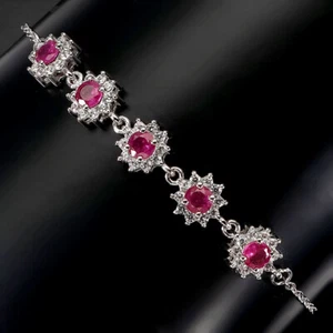 925 Sterling Silver Bracelet Round Ruby 4mm Natural Gemstone Jewelry 7 Inches - Picture 1 of 10