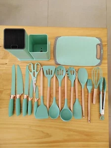Küchengeschirr Set 19-teilig Messer Silikon Gel Spatel Löffel Holzgriff - Bild 1 von 12