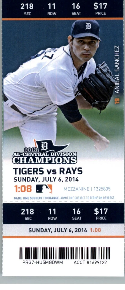 Tampa Bay Rays vs Detroit Tigers 7/6/2014 Full Ticket - David Price Win / 6K - Image 1 of 2