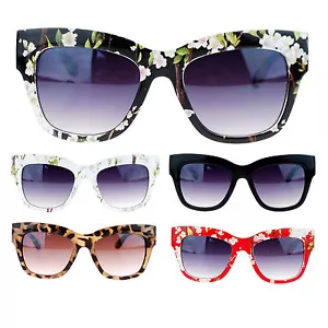 SA106 Womens Wall Paper Flower Floral Print Thick Plastic Retro Horn Sunglasses - Picture 1 of 31