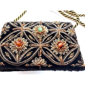 Mini Bandolera Vintage Bordada Diseño Zardozi Terciopelo Correa Trenzada - Imagen 1 de 22