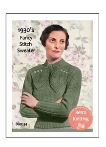 1930's Jumper with Large Neck Bow Knitting Pattern Copy - Picture 1 of 2