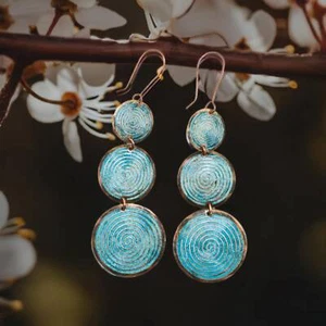 Solid Copper Patina Etched Earrings, Graduated Verdigris Drop Earrings - Picture 1 of 4