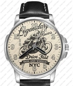 Retro Biker Motiv NYC Racers Kunst stilvolle Lederband Geschenk Armbanduhr - Bild 1 von 1