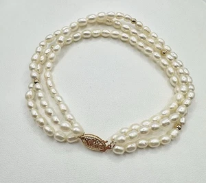 Vintage signiertes 585 14K Gelbgold echte echte Perlen 3 Strang Armband 7,5 Zoll lesen - Bild 1 von 15