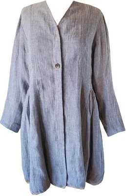 Ewa i Walla Gray Herringbone Linen Coat w/ Floral Patches and Hem Trim - Image 1 of 4
