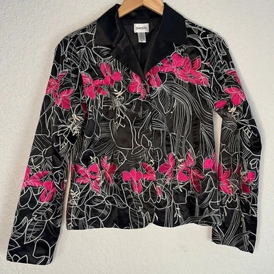 Chaqueta Blazer Chico’s Negro Rosa Satinado Bordado Seda Colorido Artístico Fiesta Años 80 Foto 1 de 4
