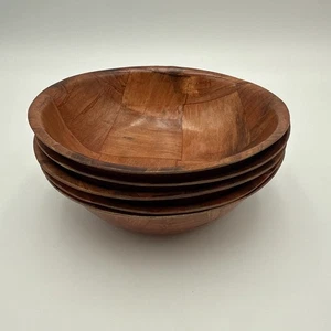 Vintage Bowls Woven Pressed Wooden Parquet 6 inch Salad Snack Boho set of 5 - Picture 1 of 12