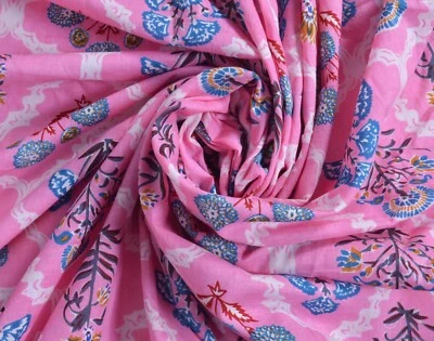 Cotton Fabric Hand Block Print Pure Sanganeri Running Indian New Vintage 5 Yard - Image 1 of 4