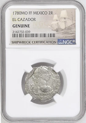 1780 El Cazador Shipwreck 2 Reales NGC Genuine Mexico Silver Coin Mo FF - Image 1 of 4