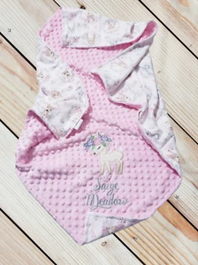 Personalized Hobo Fawn/Deer Floral Applique Pink Dot Minky Baby Girl Blanket+Bib - Picture 1 of 13