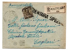 1918 REGNO FLOREALE CENT.45 RACCOMANDATA CENSURA SPEZIA DA PONTREMOLI