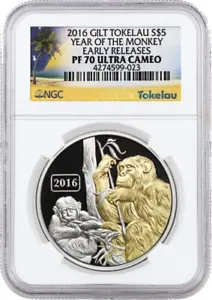 2016 $5 Tokelau Proof Year Of The Monkey Gilt 1 oz .999 Silver NGC PF70 ER - Picture 1 of 4