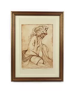 Xilografia vintage metà secolo arte moderna stampa di donna firmata incorniciata - Foto 1 di 7