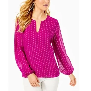 Lilly Pulitzer Aaron Silk Top Long Sleeve Bordeaux Berry Rainbow Metallic NEW XS - Picture 1 of 7