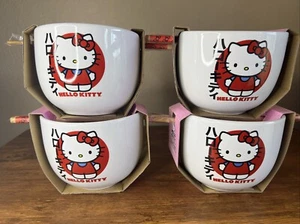 Sanrio Hello Kitty Red Japanese Ramen Noodle Rice Bowl w/ Chopsticks Set of 4 - Picture 1 of 4