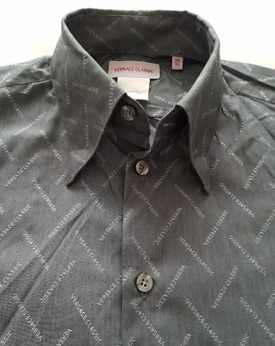 Camicia Uomo Versace Formale Scuola Casual Grigio Argento Stampa Versace 15''