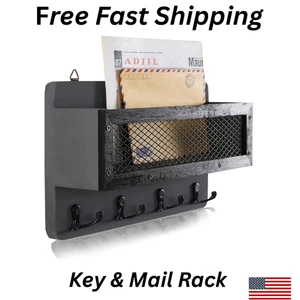 Wall or Door Mounted Wooden Key Hanger and Mail Holder Rack W Hooks Decorative - Picture 1 of 16