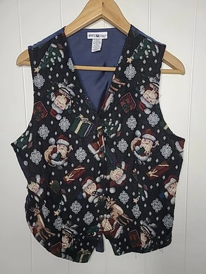 Colete de tapeçaria vintage branco veado Natal Papai Noel feriado bordado tamanho médio - Imagem 1 de 4