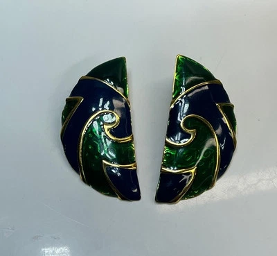 Vintage Edgar Berebi Earrings Gold & Green Enamel Clip On 2.5” X 1.25” - Image 1 of 4