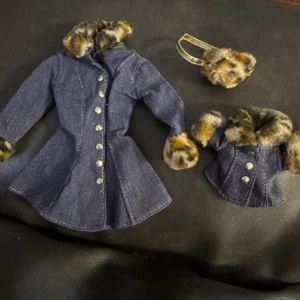 Barbie & Kelly Matching fashion Avenue blue jean coat W/ fake fur collar & cuffs - Picture 1 of 7