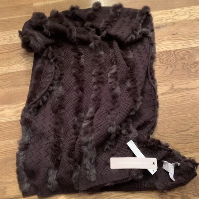 THE CASHMERE PROJECT MARRÓN 100% CACHEMIR Bufanda Envoltura Chal REAL RIBETE DE PIEL DE CONEJO Foto 1 de 4