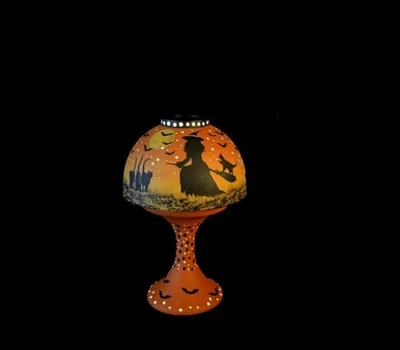 Vintage Westmoreland Halloween Witch's & Black Cat Fairy Pedestal Lamp BY *Peg G - Image 1 of 4
