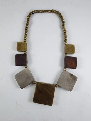Brass & Copper Necklace Geometric Square Choker Vtg 1970s MCM Ball Chain 18" - Image 1 of 4