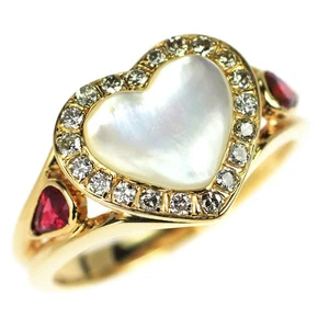 K18YG Heart Cabochon Shell Ruby Diamond Ring D0.22ct - Auth free shipping from J - Picture 1 of 3