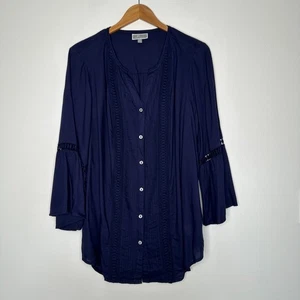 Blusa túnica mujer colección JM 2x azul marino pintuck encaje manga campana - Imagen 1 de 8