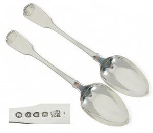 Antique Georgian 1813 Pair of Sterling Silver Tablespoons Spoons Fiddle & Shell - Picture 1 of 10