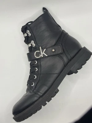 Calvin Klein Women’s Black Leather Combat Boots Size 7.5 Lace Up Logo Strap - Image 1 of 4
