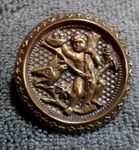 Antique Metal Picture Button Child Stealing Nest of Babies from Mama Bird - Picture 1 of 4