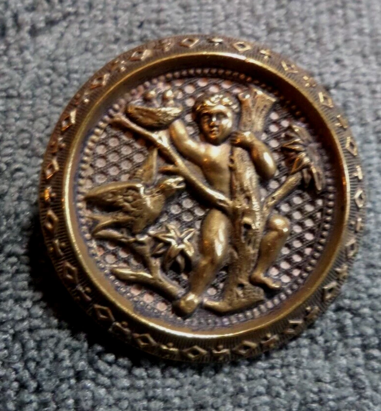Antique Metal Picture Button Child Stealing Nest of Babies from Mama Bird - Image 1 of 4