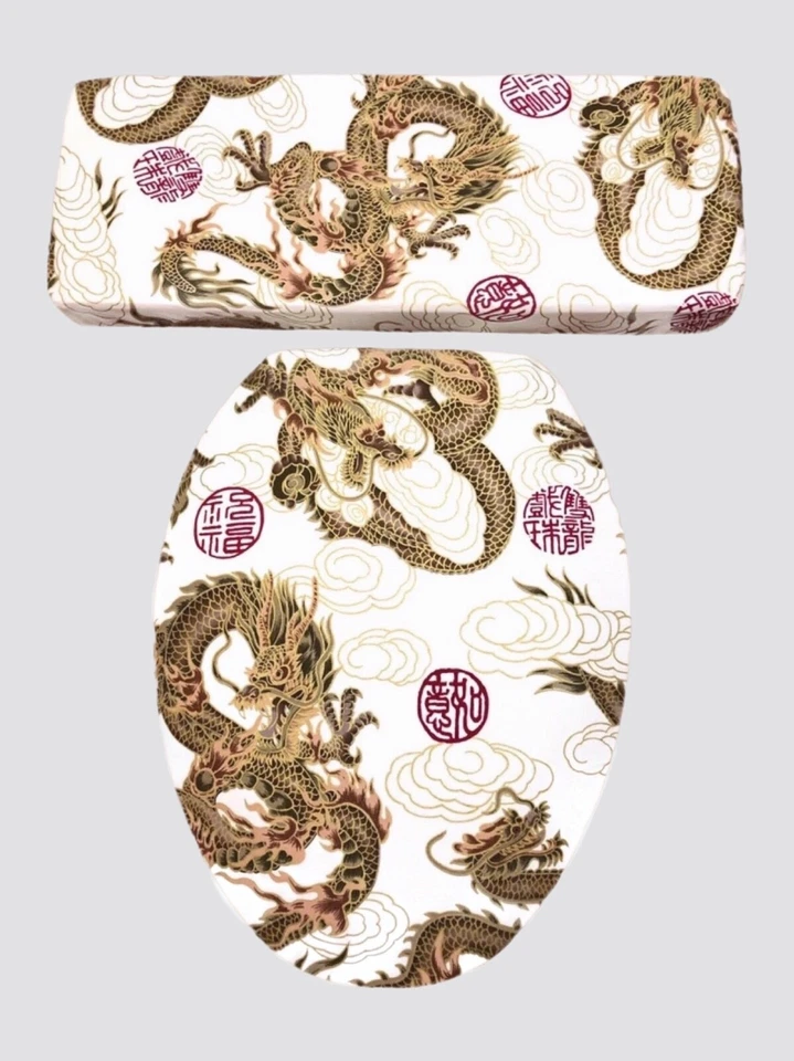 Tapa de asiento de inodoro de tela ligera oriental Tan Dragons y cubiertas de tapa de tanque Foto 1 de 1