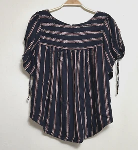 By Anthropologie Blouse Size Small Metallic Blue Striped Tie Sleeves Back Button - Picture 1 of 12